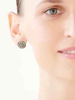 Kolczyki z żółtego złota z diamentami i onyksami - rozety - próba 585