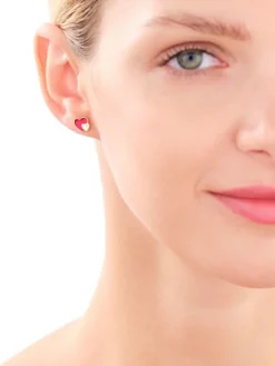 Kolczyki z żółtego złota z diamentami i emalią - serca - 0,006 ct - próba 375