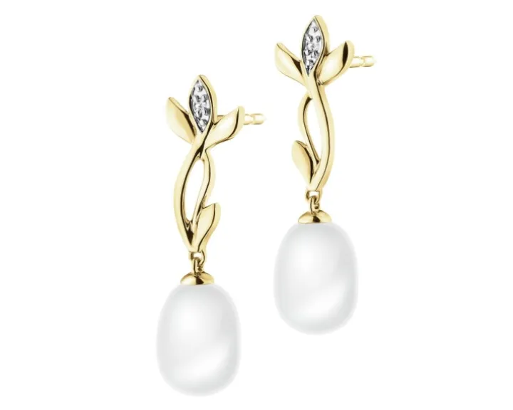 Kolczyki z żółtego złota z diamentami i perłami - próba 585