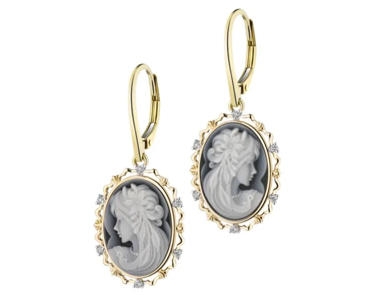 Kolczyki z żółtego złota z diamentami i agatami - kamea - próba 585