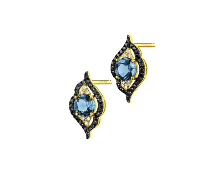 Kolczyki z żółtego złota z diamentami i topazami London Blue - próba 585