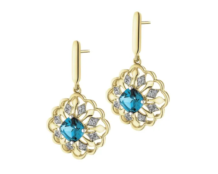 Kolczyki z żółtego złota z diamentami i topazami London Blue - próba 585