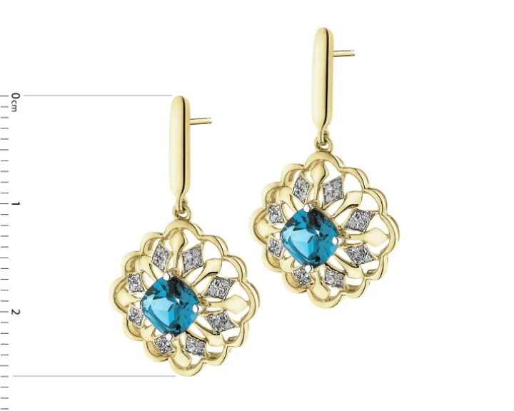 Kolczyki z żółtego złota z diamentami i topazami London Blue - próba 585