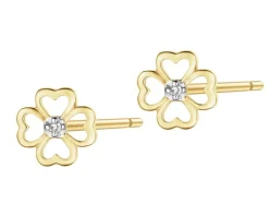 Kolczyki z żółtego złota z diamentami - koniczyny - 0,005 ct - próba 375