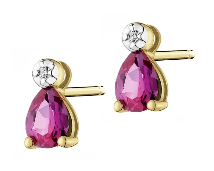 Kolczyki z żółtego złota z diamentami i rubinami syntetycznymi - próba 375