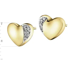 Kolczyki z żółtego złota z diamentami - serca - 0,02 ct - próba 375