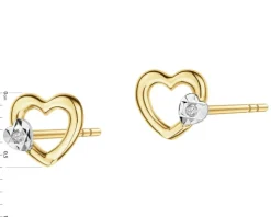 Kolczyki z żółtego złota z diamentami - serca - 0,008 ct - próba 585