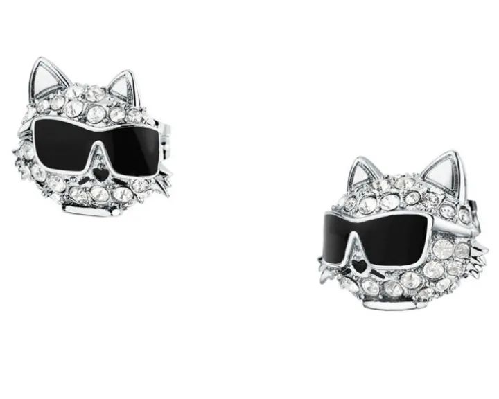 Kolczyki ze stali szlachetnej z cyrkoniami i emalią - kot, Karl Lagerfeld