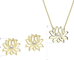 Naszyjnik i kolczyki z żółtego złota z diamentami - komplet - kwiaty lotosu - 0,02 ct - próba 375