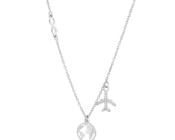 Naszyjnik srebrny z cyrkoniami - samolot, kula ziemska