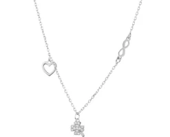 Naszyjnik srebrny z cyrkoniami - koniczyna, nieskończoność, serce