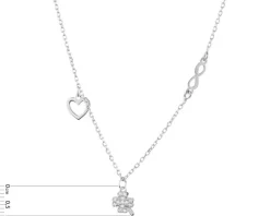 Naszyjnik srebrny z cyrkoniami - koniczyna, nieskończoność, serce