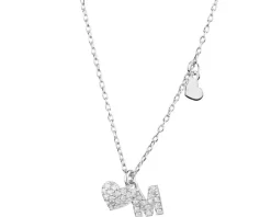 Naszyjnik srebrny z cyrkoniami - litera M, serca