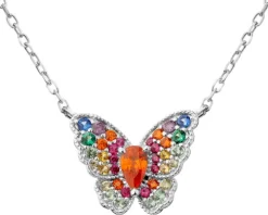 Naszyjnik srebrny z cyrkoniami i szlifowanym szkłem - motyl