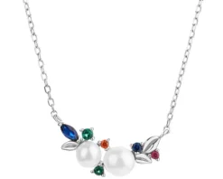 Naszyjnik srebrny z perłami i cyrkoniami - liście