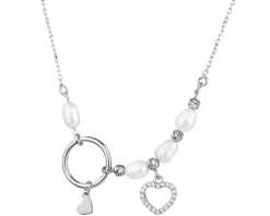 Naszyjnik srebrny z perłami i cyrkoniami - serca