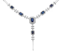 Naszyjnik z białego złota z diamentami i szafirami - 42 cm - próba 750