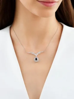 Naszyjnik z białego złota z brylantami i szafirem - próba 585