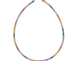 Naszyjnik z białego złota z brylantami i kolorowymi szafirami - 42 cm - próba 585