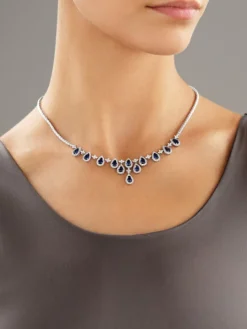 Naszyjnik z białego złota z brylantami i szafirami - próba 585