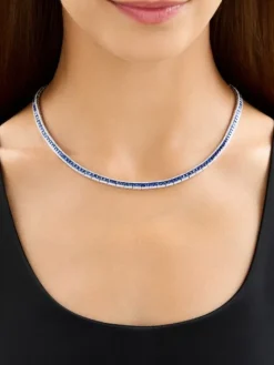 Naszyjnik z białego złota z brylantami i szafirami - 42 cm - próba 585