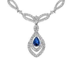 Naszyjnik z białego złota z brylantami i szafirem - 45 cm - próba 750