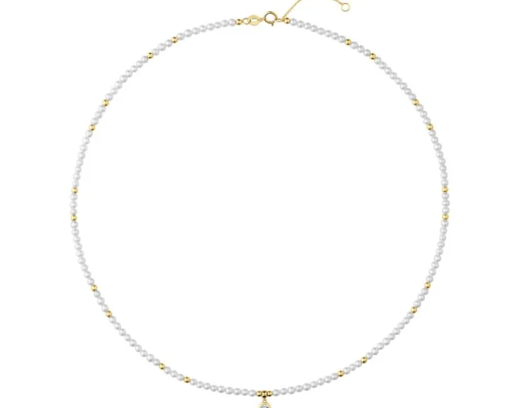 Naszyjnik z brylantem, perłami i elementami białego złota - próba 585