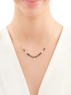 Naszyjnik z diamentami, labradorytami, kryształami górskimi i elementami żółtego złota - próba 375