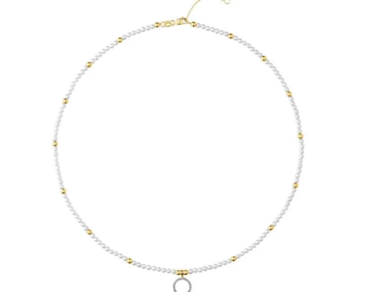 Naszyjnik z diamentami, perłami i elementami żółtego złota - próba 585