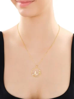 Naszyjnik z mosiądzu pozłacany z cyrkoniami i emalią - motyl, kwiaty