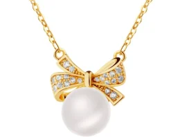 Naszyjnik z mosiądzu pozłacany z cyrkoniami i perłami - kokardki