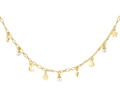 Naszyjnik z mosiądzu pozłacany z perłami - Księżyc, gwiazdy, słońce