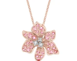 Naszyjnik z różowego złota z brylantami i turmalinami - kwiat - próba 585