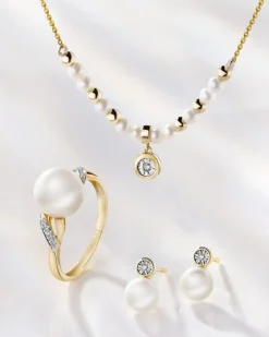 Naszyjnik z żółtego i białego złota z brylantem i perłami - próba 375