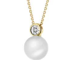 Naszyjnik z żółtego i białego złota z diamentem i perłą - próba 585
