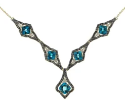 Naszyjnik z żółtego złota z brylantami i topazami London Blue - próba 585