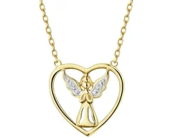 Naszyjnik z żółtego złota z diamentami - aniołek, serce - 0,006 ct - próba 375
