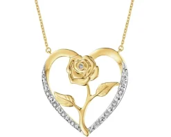 Naszyjnik z żółtego złota z diamentami - serce, róża - 0,03 ct - próba 375