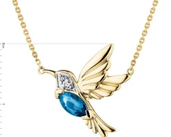 Naszyjnik z żółtego złota z diamentami i topazem London Blue - koliber - próba 585