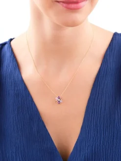 Naszyjnik z żółtego złota z diamentem, ametystami i turmalinami - próba 375