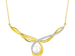 Naszyjnik z żółtego złota z diamentami i perłą - próba 585