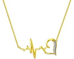 Naszyjnik z żółtego złota z diamentami - serce, EKG serca - 0,01 ct - próba 585