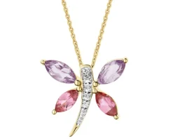 Naszyjnik z żółtego złota z diamentem i kamieniami ozdobnymi - ważka - próba 375