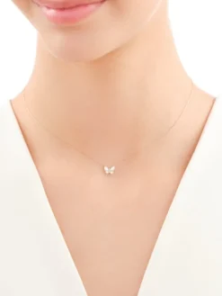 Naszyjnik z  żółtego złota z diamentami i masą perłową - motyl - próba 585