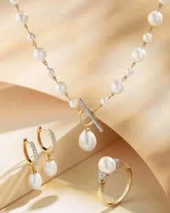 Naszyjnik z żółtego złota z diamentami i perłami - próba 585