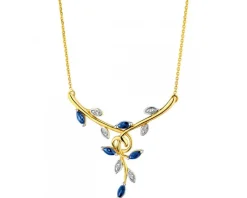 Naszyjnik z żółtego złota z diamentami i szafirami - liście - próba 585