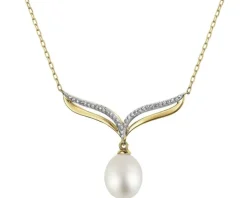 Naszyjnik z żółtego złota z diamentami i perłą - próba 375