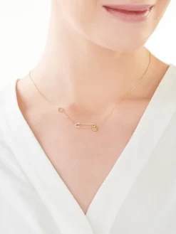 Naszyjnik z żółtego złota z diamentami - agrafka, serce - 0,02 ct - próba 375