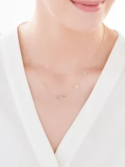 Naszyjnik z żółtego złota z diamentami, kamieniami szlachetnymi i ozdobnymi - nieskończoność, koniczyna, serce - próba 375