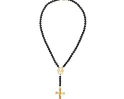 Naszyjnik ze stali szlachetnej z onyksami - krzyż, czaszka